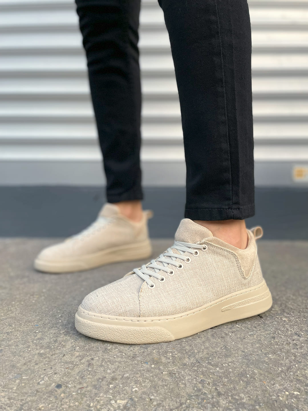 JY204 Flex Bağcıklı Keten Kumaş Erkek Günlük Sneaker Ayakkabı KKT - Krem - Görsel 2