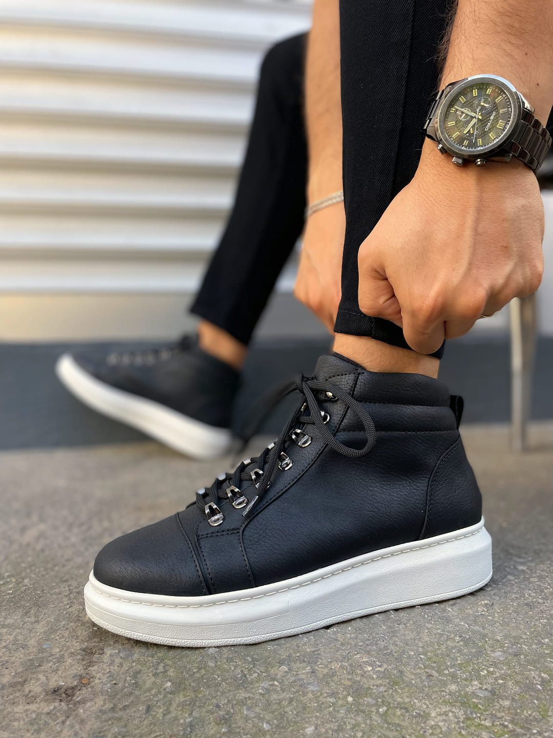 JY206 Ottawa Bağcıklı Ortopedik Taban Cilt Erkek Spor Bot CBT - Siyah - Görsel 3