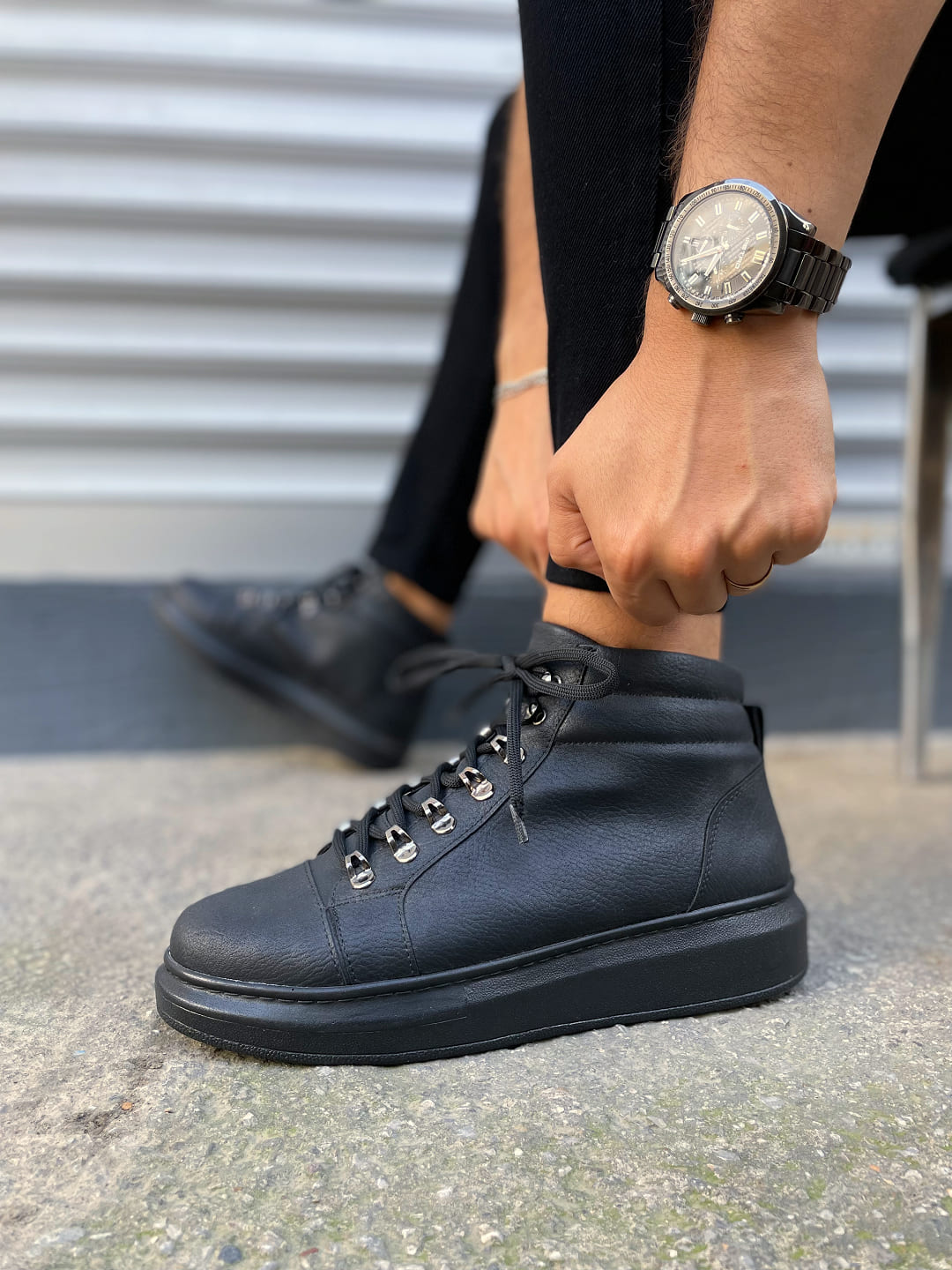 JY206 Ottawa Bağcıklı Ortopedik Taban Cilt Erkek Spor Bot CST - Siyah - Görsel 3