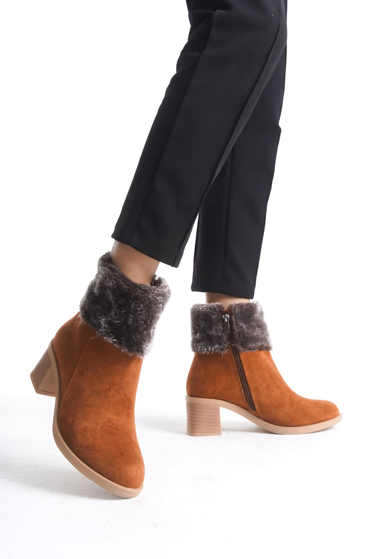 KATYA Fermuarlı Ortopedik Taban Topuklu Kürk Detaylı Süet Kadın Bot STT - Taba - Görsel 2