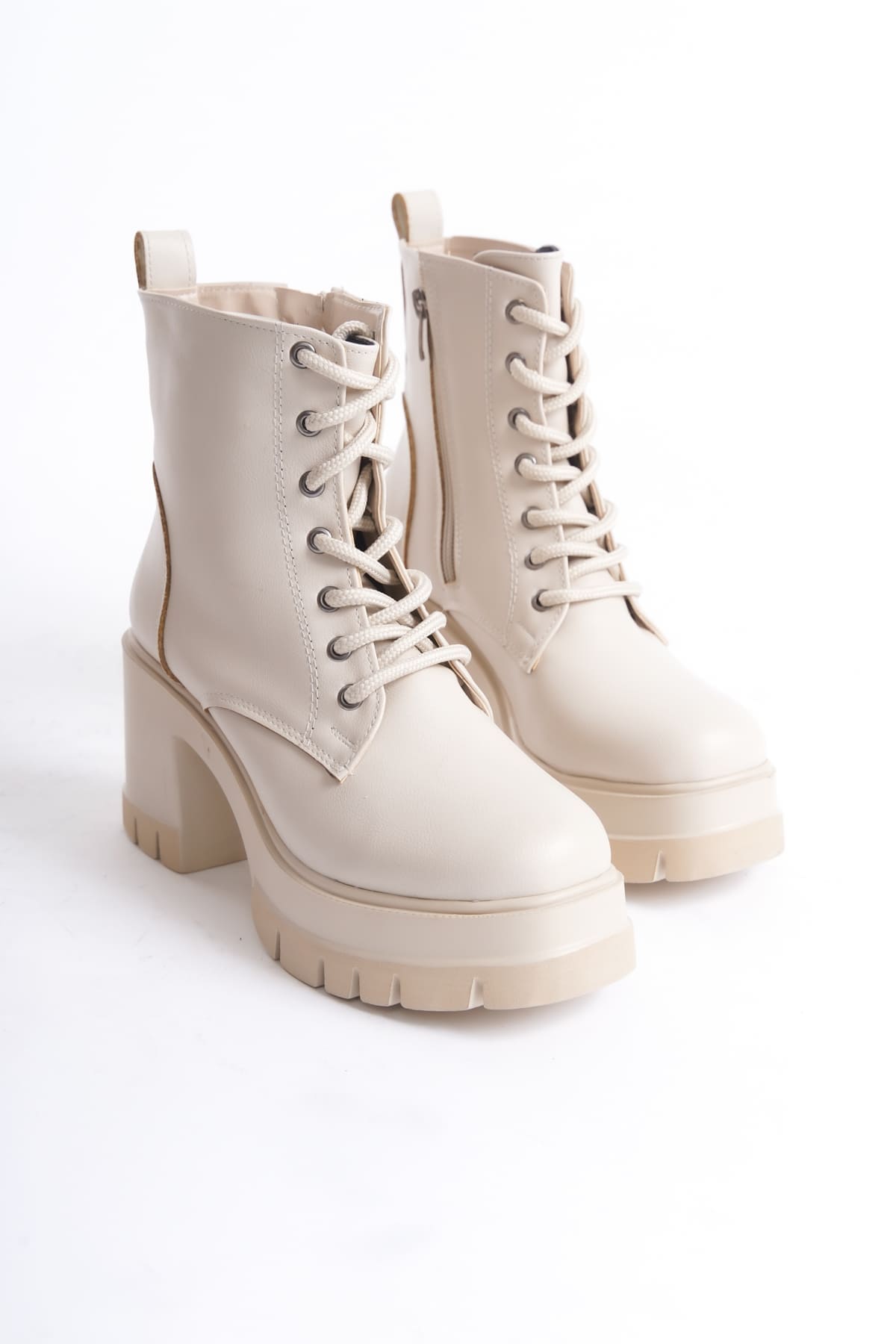LAUREN Bağcıklı Fermuarlı Ortopedik Taban Topuklu Kadın Bot CKT - Krem - Görsel 5