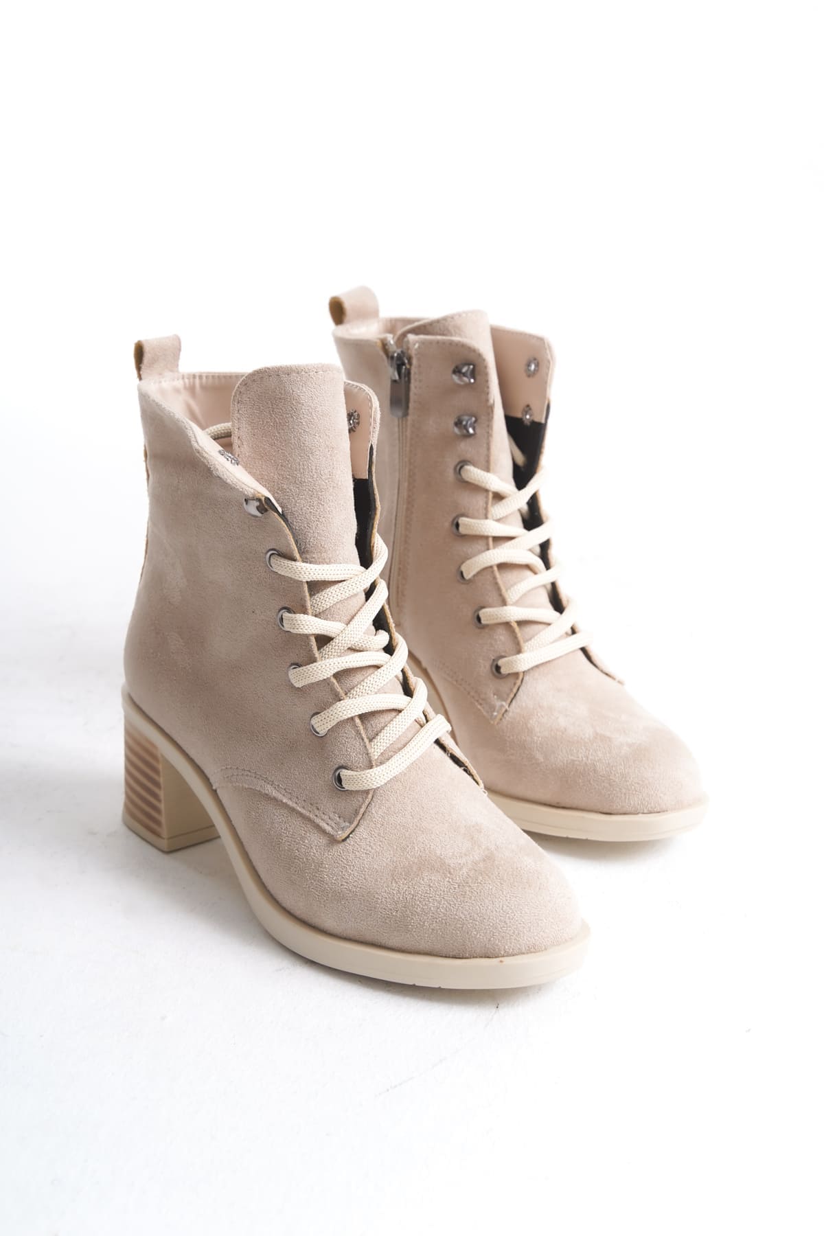 LENA Bağcıklı Fermuarlı Ortopedik Taban Topuklu Süet Kadın Bot STT - Ten - Görsel 4