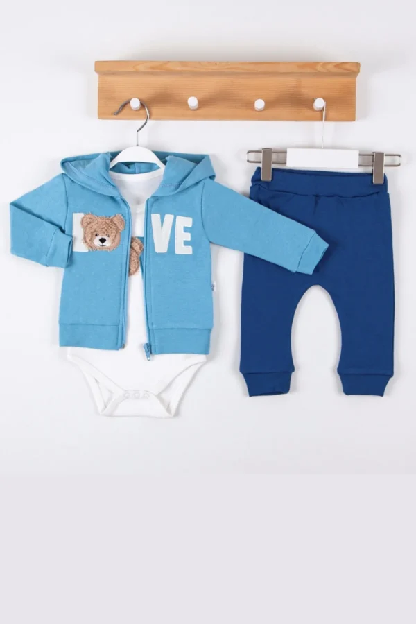 Love Bear Nakışlı % 100 Pamuk Hırkalı 3'lü Erkek Takım