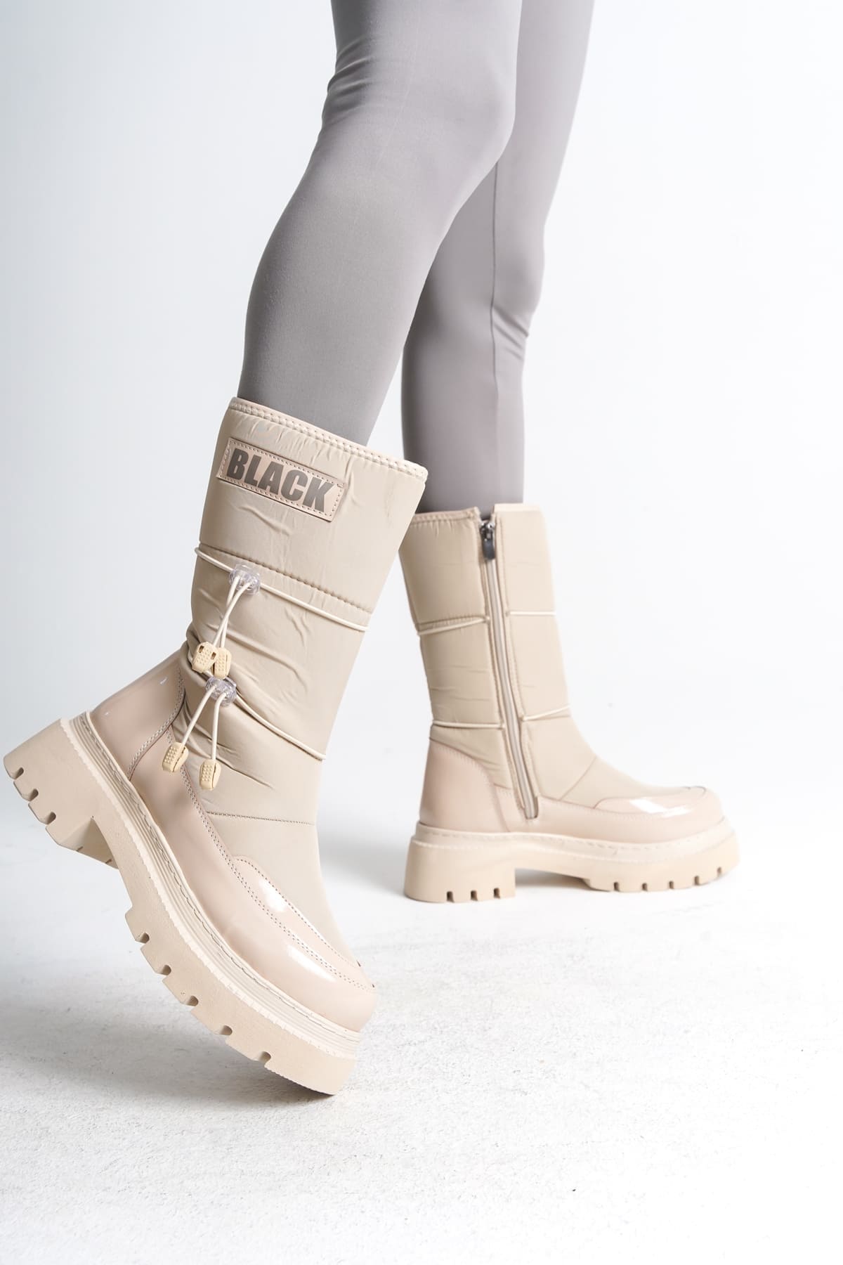 LUCY Lastikli Fermuarlı Paraşüt Kumaş Rugan Kadın Bot CKT - Krem - Görsel 2