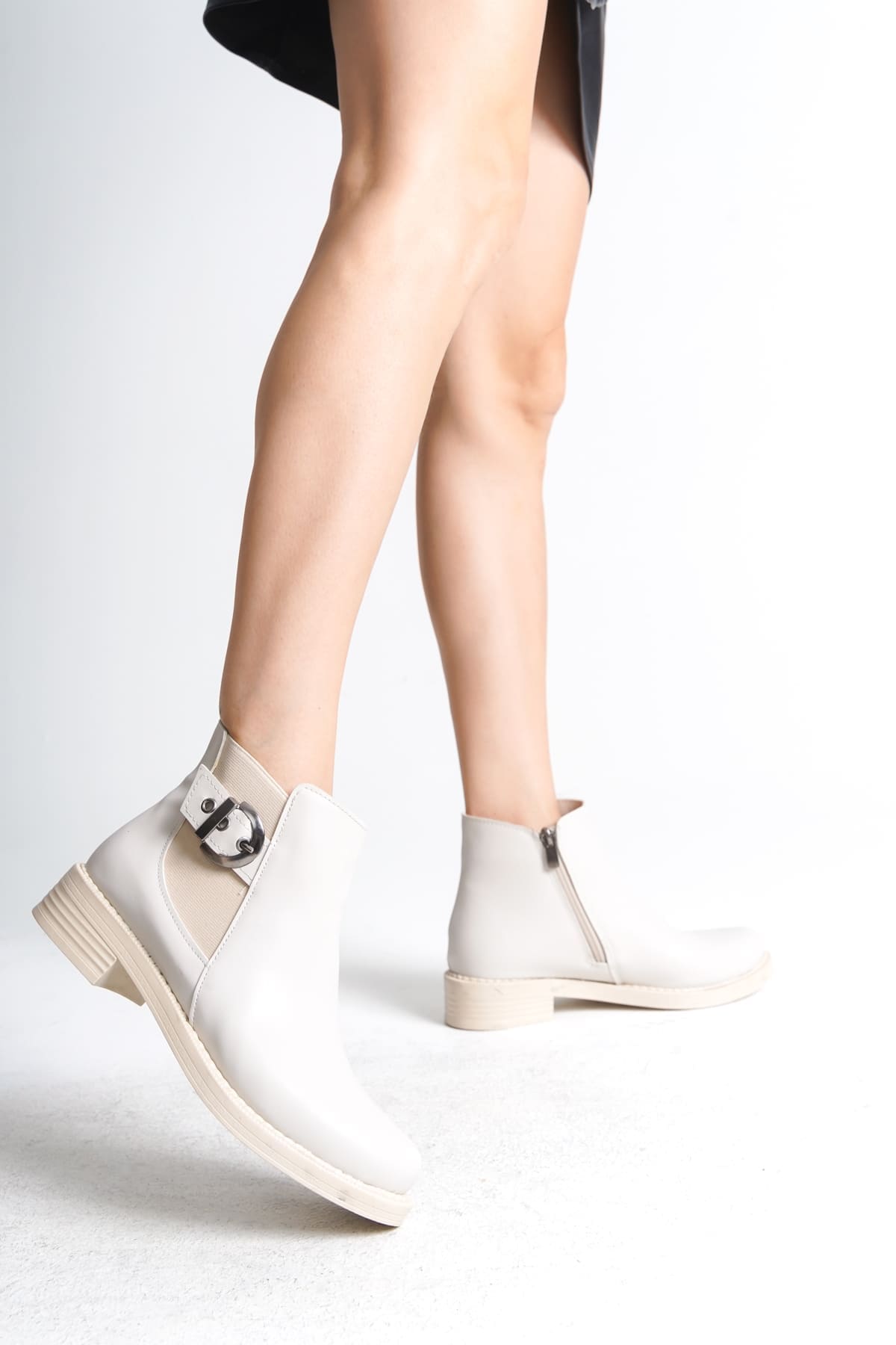 LUNA Fermuarlı Lastikli Ortopedik Taban Topuklu Kadın Bot CKT - Krem - Görsel 3