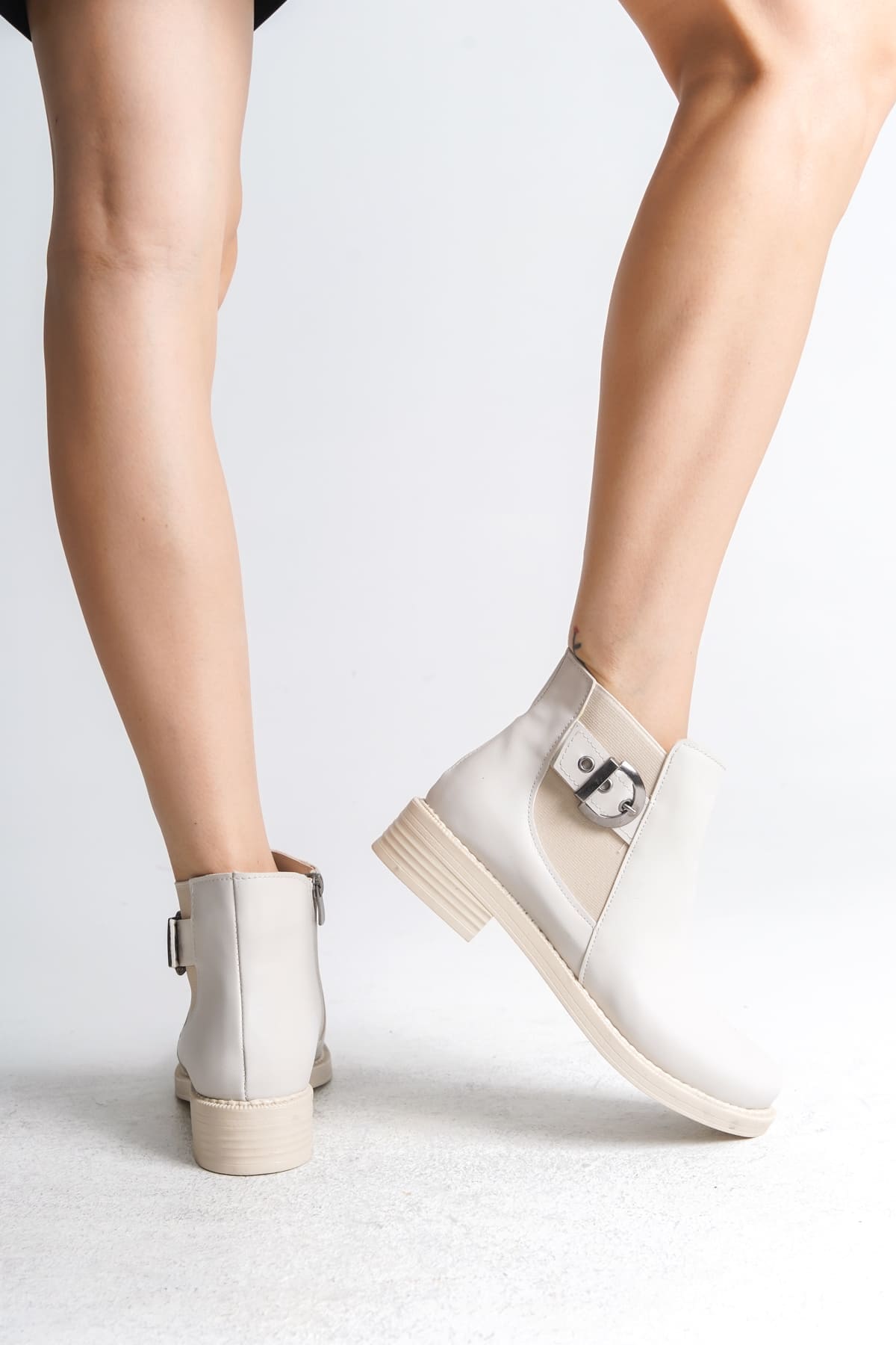 LUNA Fermuarlı Lastikli Ortopedik Taban Topuklu Kadın Bot CKT - Krem - Görsel 4