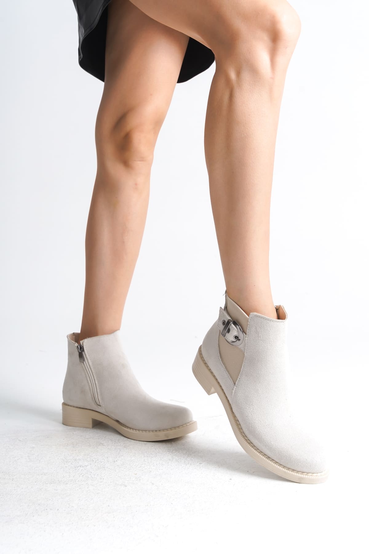 LUNA Fermuarlı Lastikli Ortopedik Taban Topuklu Süet Kadın Bot SKT - Krem - Görsel 2