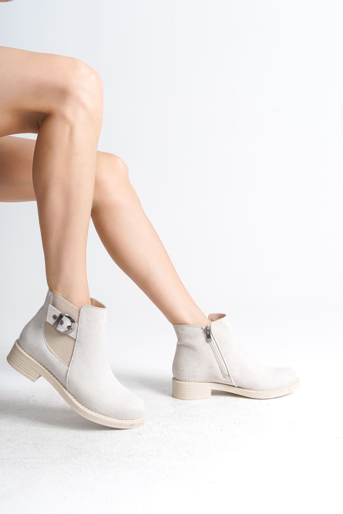 LUNA Fermuarlı Lastikli Ortopedik Taban Topuklu Süet Kadın Bot SKT - Krem - Görsel 4