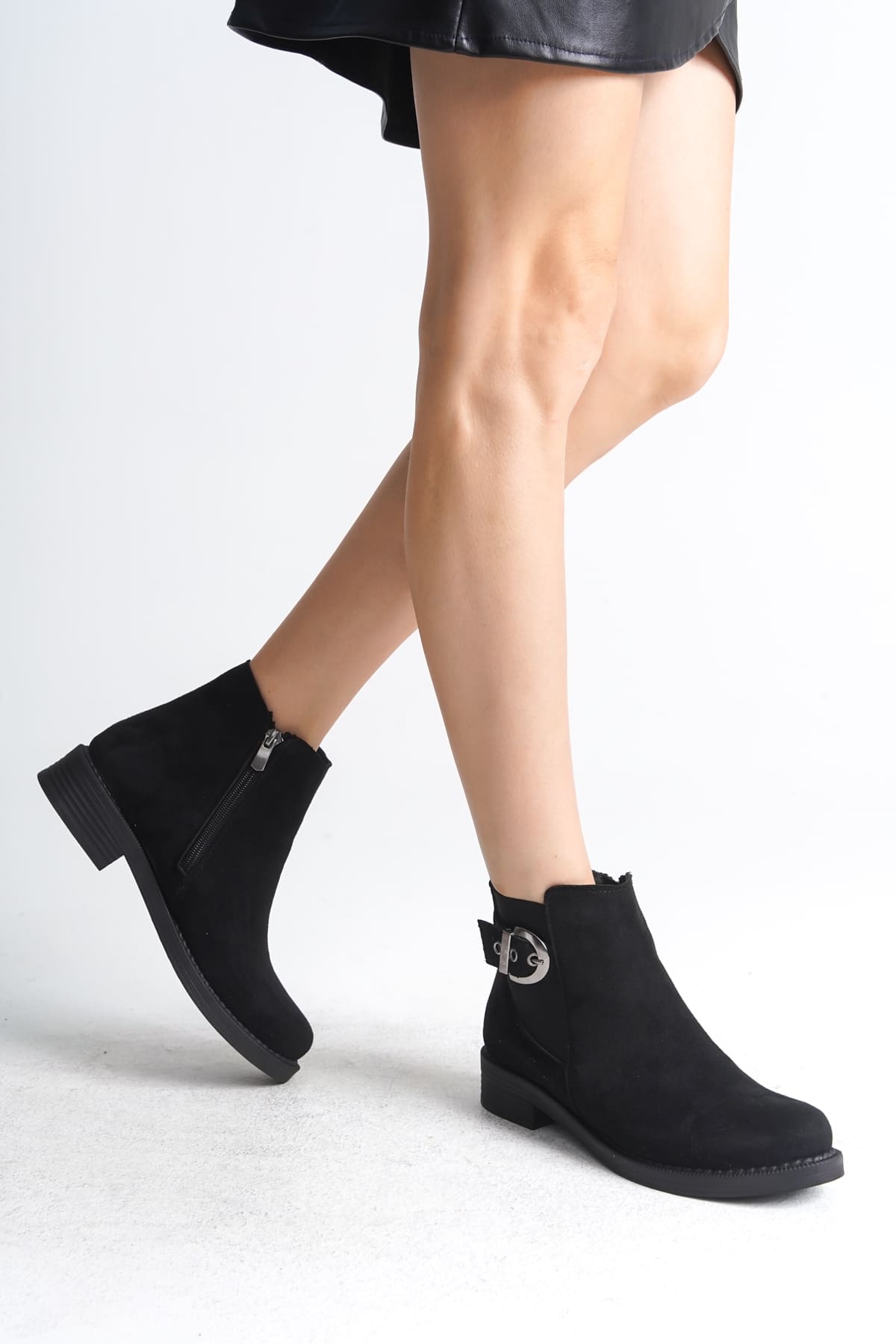 LUNA Fermuarlı Lastikli Ortopedik Taban Topuklu Süet Kadın Bot SST - Siyah - Görsel 2