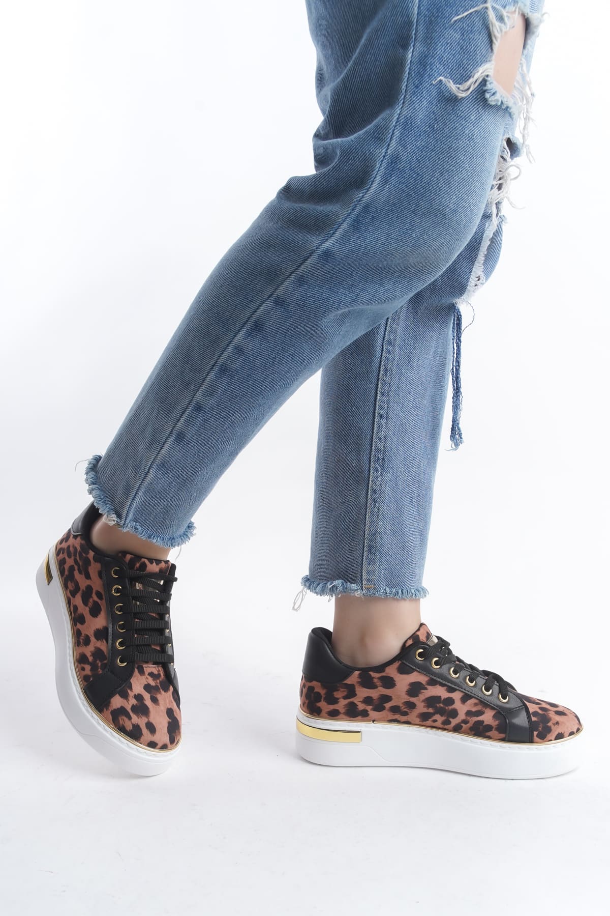 MINA Bağcıklı Ortopedik Taban Leopar Desenli Kadın Sneaker Spor Ayakkabı TBT - Kahverengi - Görsel 2