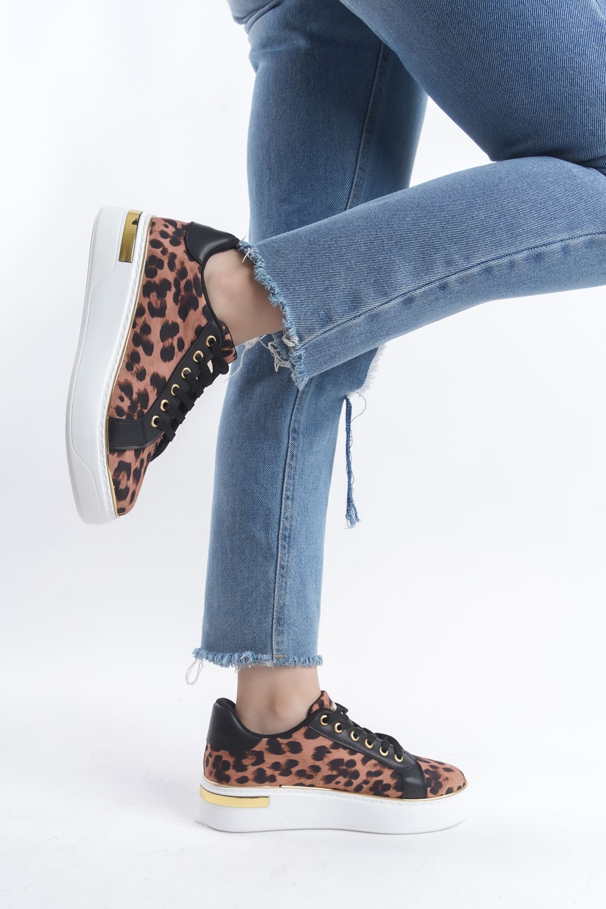 MINA Bağcıklı Ortopedik Taban Leopar Desenli Kadın Sneaker Spor Ayakkabı TBT - Kahverengi - Görsel 3