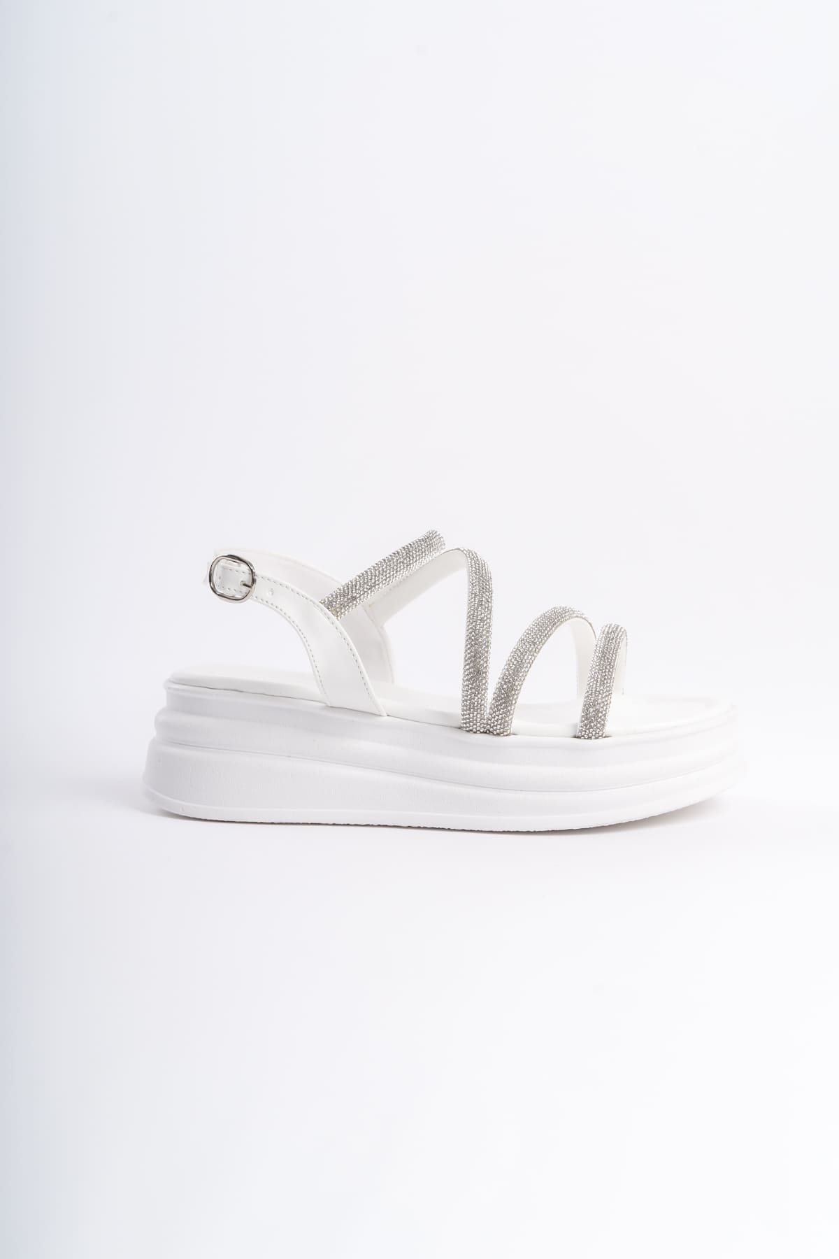 RILEY İnce Tokalı Taşlı Şeritli Ortopedik Taban Kadın Sandalet CBT - Beyaz - Görsel 6