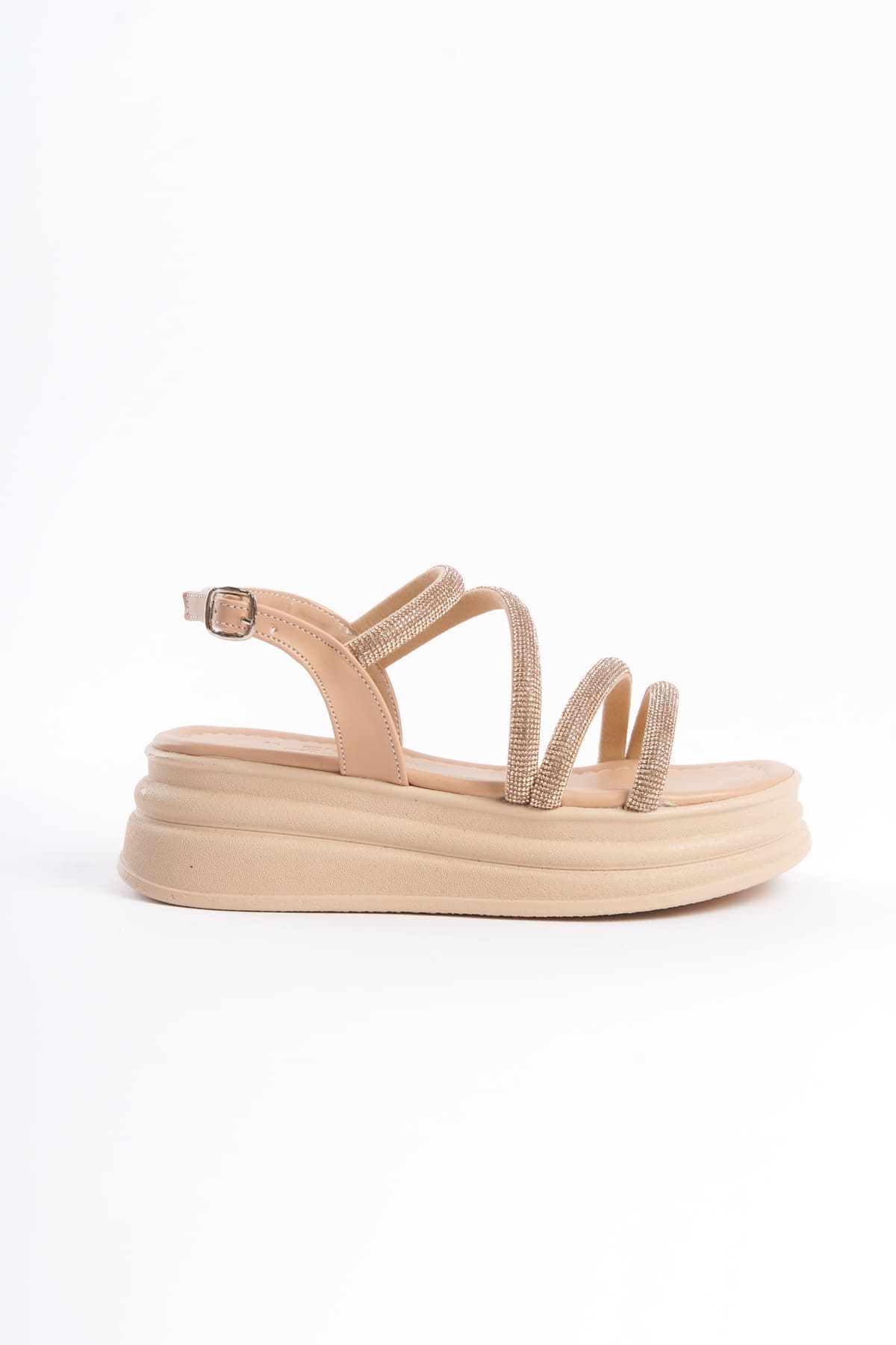 RILEY İnce Tokalı Taşlı Şeritli Ortopedik Taban Kadın Sandalet CTT - Ten - Görsel 6