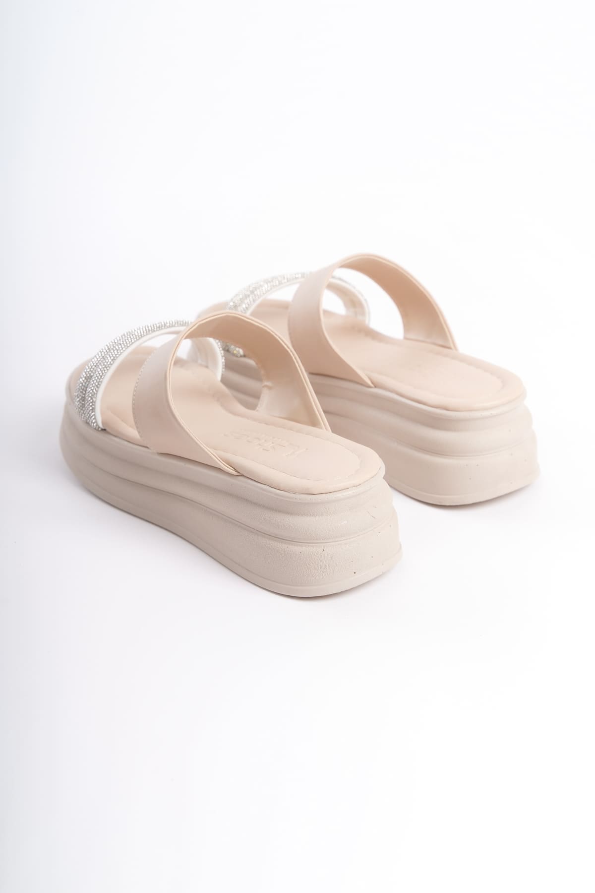 SARAH Düz Topuklu Taşlı Şeritli Kalın ve Ortopedik Taban Kadın Terlik CKT - Krem - Görsel 5