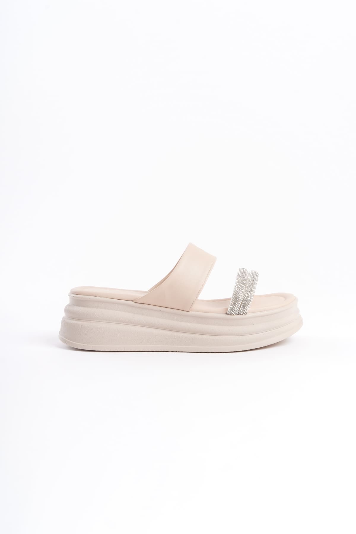 SARAH Düz Topuklu Taşlı Şeritli Kalın ve Ortopedik Taban Kadın Terlik CKT - Krem - Görsel 6