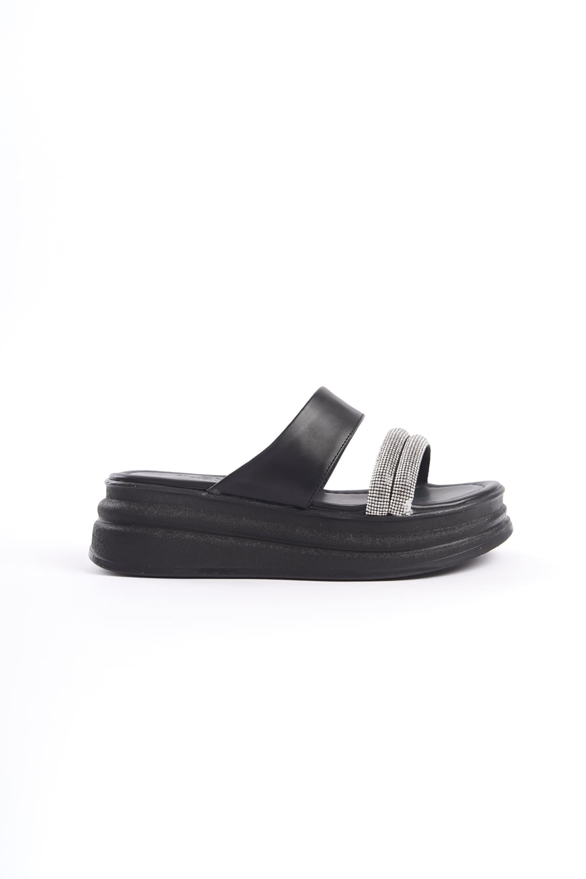 SARAH Düz Topuklu Taşlı Şeritli Kalın ve Ortopedik Taban Kadın Terlik CST - Siyah - Görsel 6