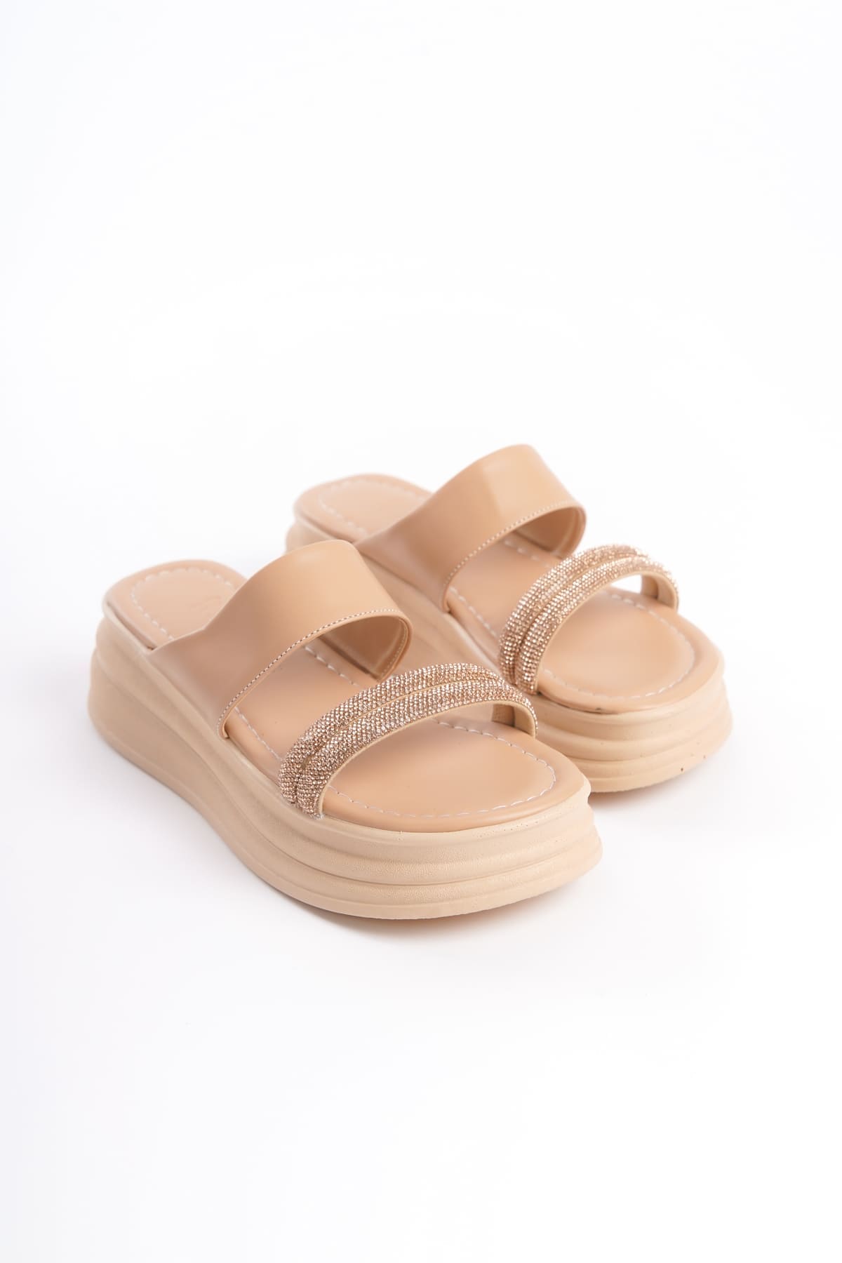 SARAH Düz Topuklu Taşlı Şeritli Kalın ve Ortopedik Taban Kadın Terlik CTT - Ten - Görsel 4