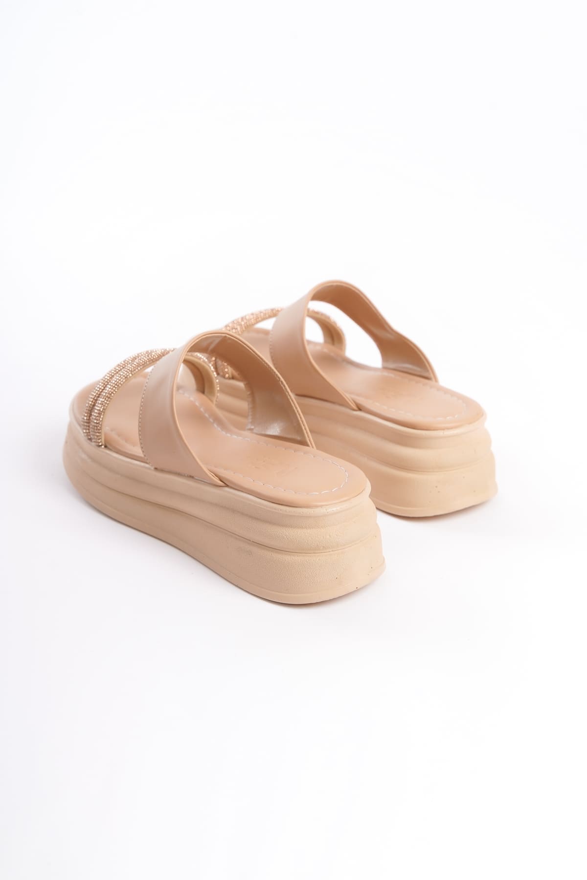 SARAH Düz Topuklu Taşlı Şeritli Kalın ve Ortopedik Taban Kadın Terlik CTT - Ten - Görsel 5