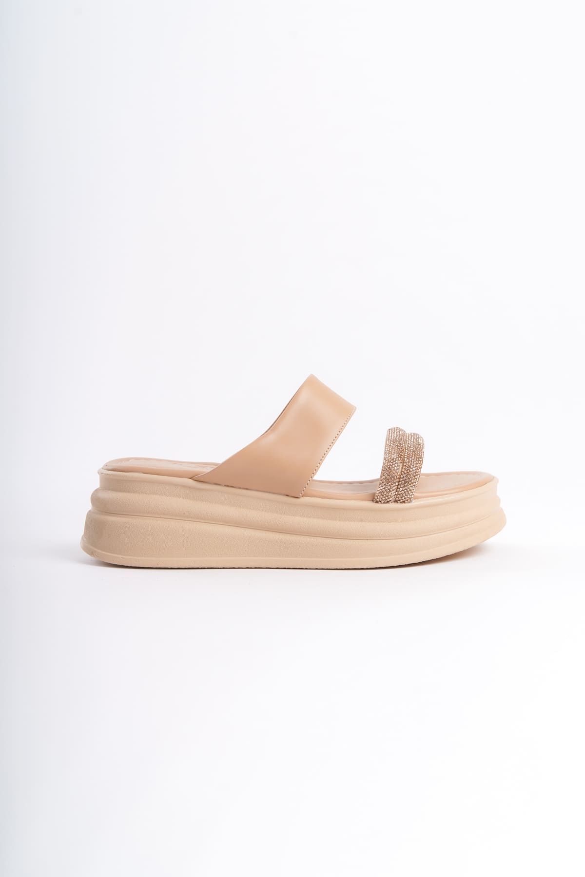 SARAH Düz Topuklu Taşlı Şeritli Kalın ve Ortopedik Taban Kadın Terlik CTT - Ten - Görsel 6