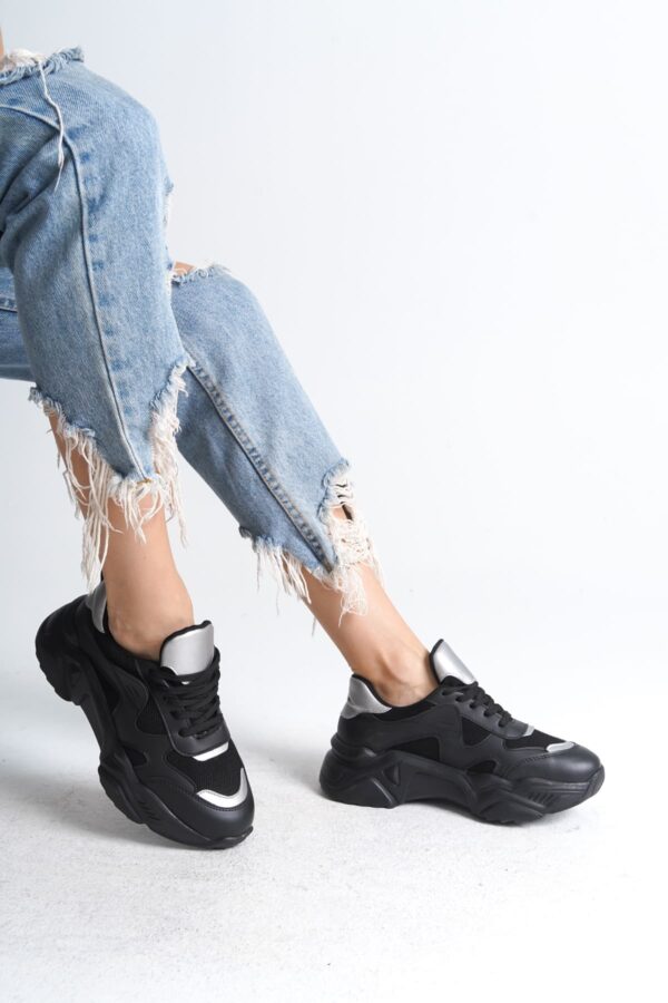 TOKYO Bağcıklı Ortopedik Taban Triko Detaylı Kadın Spor Ayakkabı  TST - Siyah/Gri