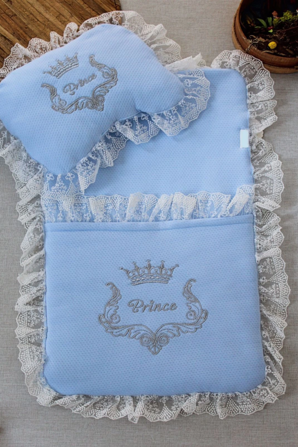 Yenidoğan Sahra Taç Nakışlı Trilüks 2li Alt Açma Seti Mavi