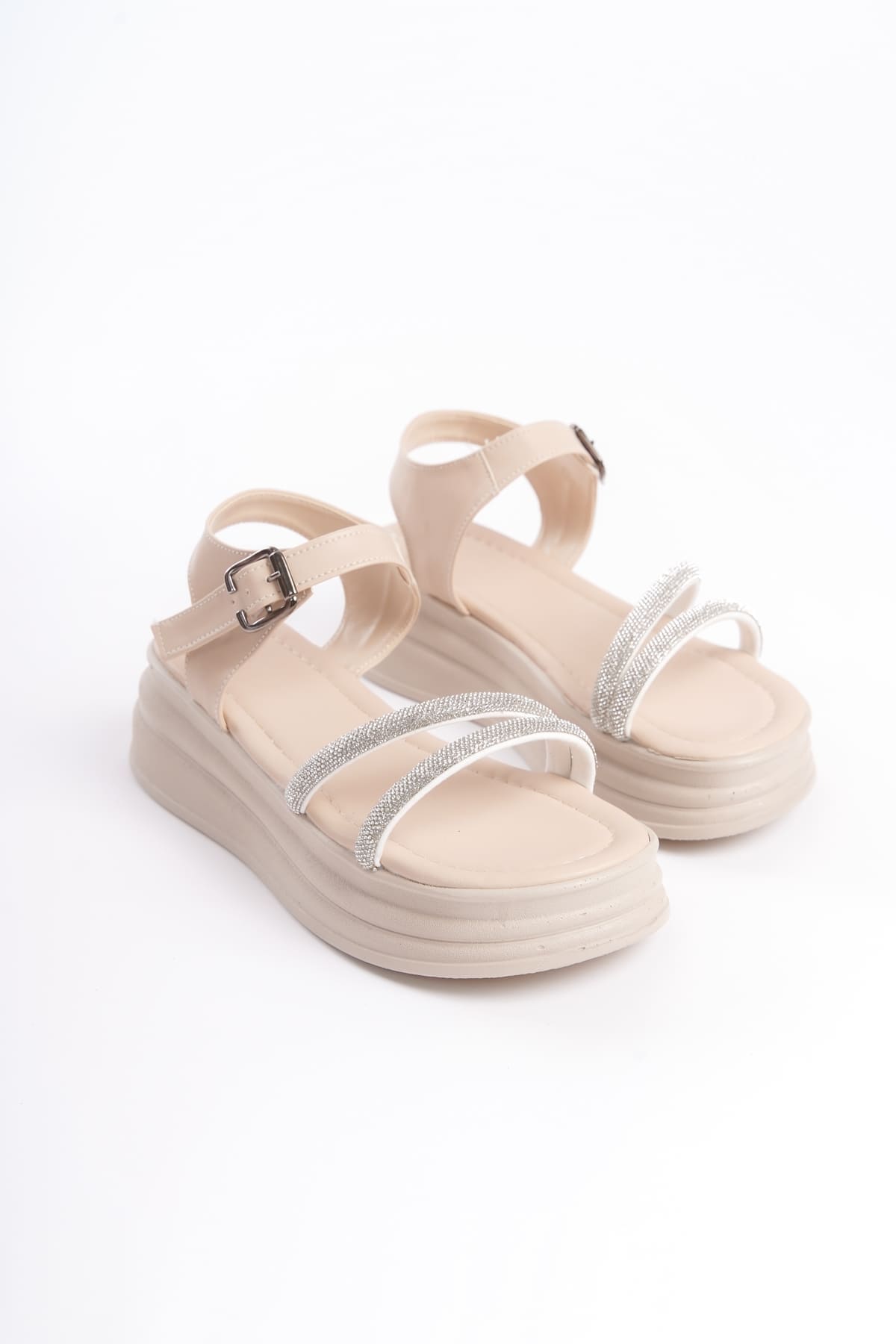 ZLOHE Kalın Tokalı Taşlı Şeritli Ortopedik Taban Kadın Sandalet CKT - Krem - Görsel 4