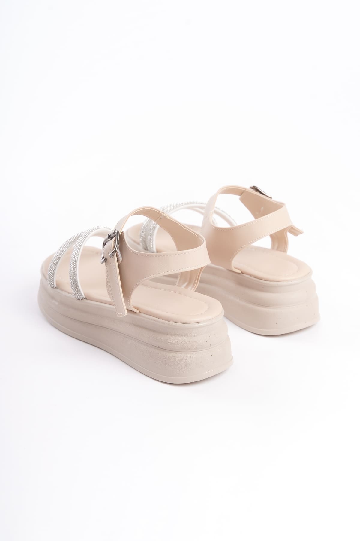 ZLOHE Kalın Tokalı Taşlı Şeritli Ortopedik Taban Kadın Sandalet CKT - Krem - Görsel 5