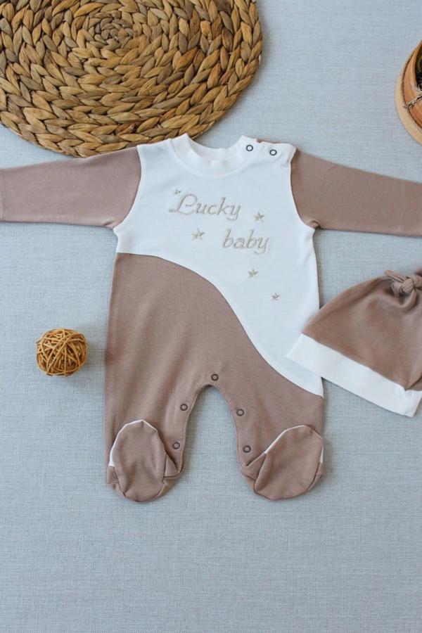 0-3 3-6 Ay Lucky Baby Nakışlı Es Çizgi Boy Şapkalı Erkek Bebek Tulumu Kahverengi