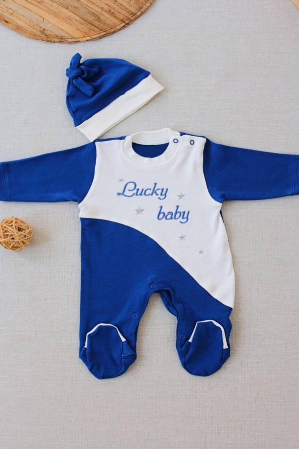 0-3 3-6 Ay Lucky Baby Nakışlı Es Çizgi Boy Şapkalı Erkek Bebek Tulumu Lacivert