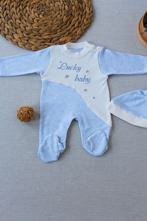 0-3 3-6 Ay Lucky Baby Nakışlı Es Çizgi Boy Şapkalı Erkek Bebek Tulumu Mavi