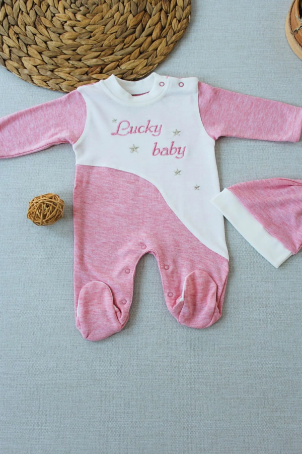 0-3 3-6 Ay Lucky Baby Nakışlı Es Çizgi Boy Şapkalı Kız Bebek Tulumu Pembe