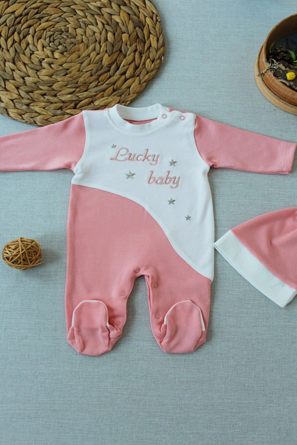 0-3 3-6 Ay Lucky Baby Nakışlı Es Çizgi Boy Şapkalı Kız Bebek Tulumu Pudra