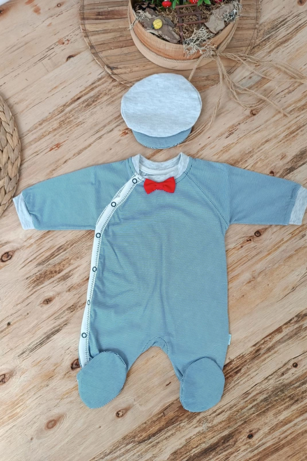 0-3 3-6 Ay Papyonlu Çizgi Desen Çıtçıt Kapama Kasketli Erkek Bebek Tulumu Lacivert