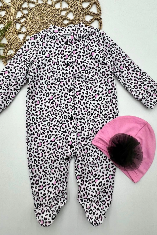 0-3-6-9 Ay Leopar Baskılı Tam Boy Çıtçıtlı Patikli Güllü Boneli Kız Bebek Tulumu Pembe