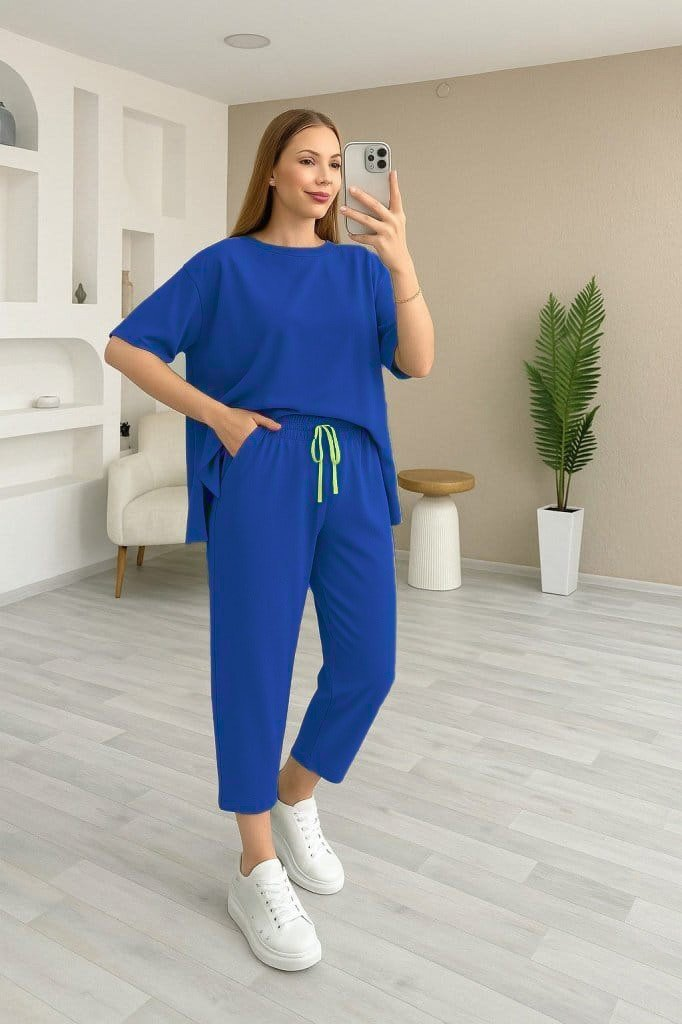 Kadın Kısa Kollu Bisiklet Yaka Viskon Iki Iplik Bluz Ve Pantolon Ikili Takım - Görsel 3