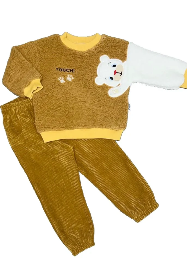 1-2-3 Ayıcık Kollu Kuzu Kumaş Sweat Kadife Pantolonlu Kız-erkek 2li Çocuk Takımı