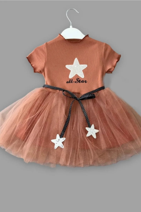 1-2-3 Yaş All Star Payetli Yıldız Nakışlı Astarlı Kız Bebek Elbisesi