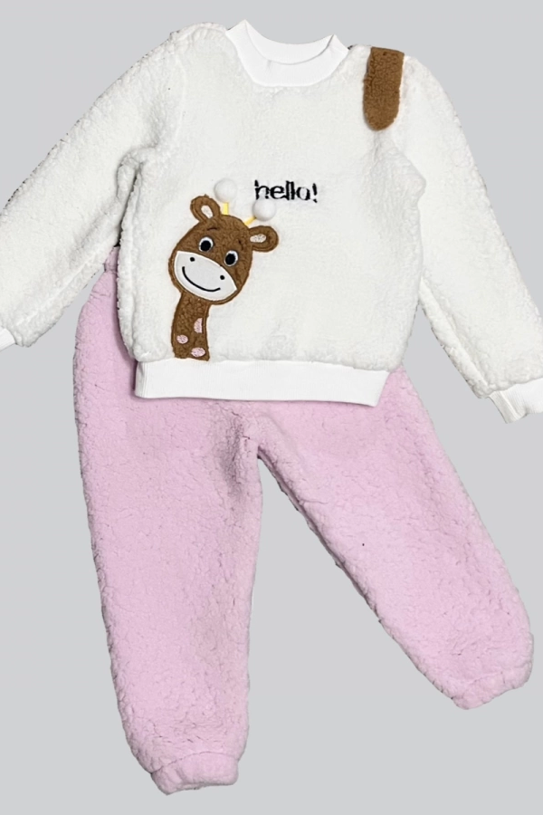 1-2-3 Yaş Hello Zürafa Nakışlı Kuzu Kumaş Sweat Pantolon Uzun Kollu Kız Erkek 2 Li Takımı Pembe