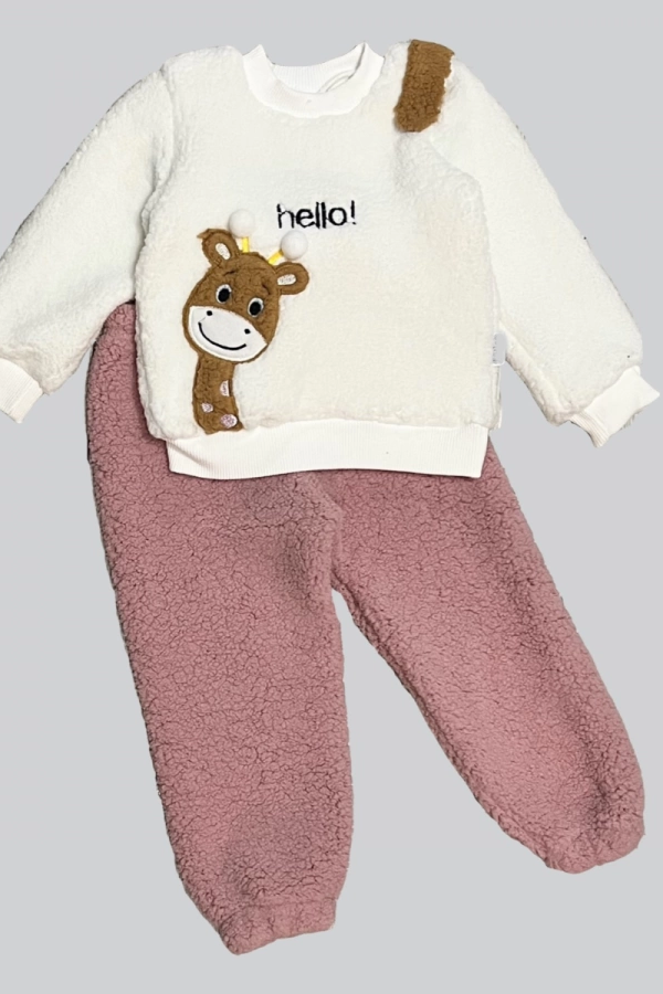 1-2-3 Yaş Hello Zürafa Nakışlı Kuzu Kumaş Sweat Pantolon Uzun Kollu Kız Erkek 2 Li Takımı Gül Kurusu