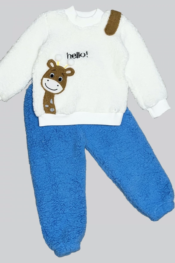1-2-3 Yaş Hello Zürafa Nakışlı Kuzu Kumaş Sweat Pantolon Uzun Kollu Kız Erkek 2 Li Takımı Saks Mavisi