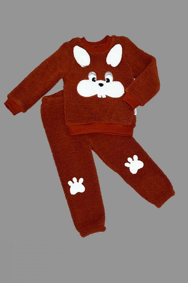 1-2-3 Yaş Kulaklı Tavşan Figürlü Kuzu Kumaş Sweat Pantolon Uzun Kollu Kız Erkek 2 Li Takımı Kahverengi