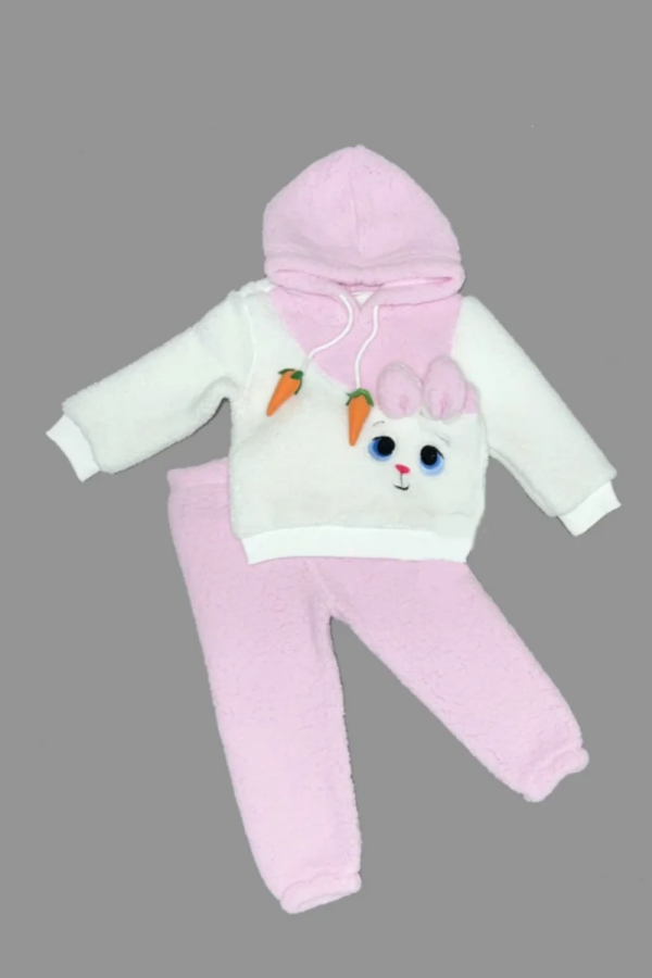 1-2-3 Yaş Kulaklı Tavşan Havuç İpli Kapşonlu Kuzu Kumaş Sweat Pantolon Uzun Kollu Kız Erkek 2 Li Takımı