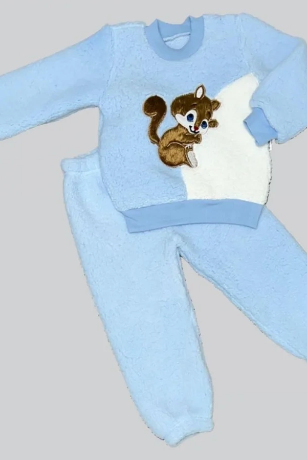 1-2-3 Yaş Masum Yavru Sincap Nakışlı Kuzu Kumaş Sweat Pantolon 2li Kız Erkek Bebek Takımı