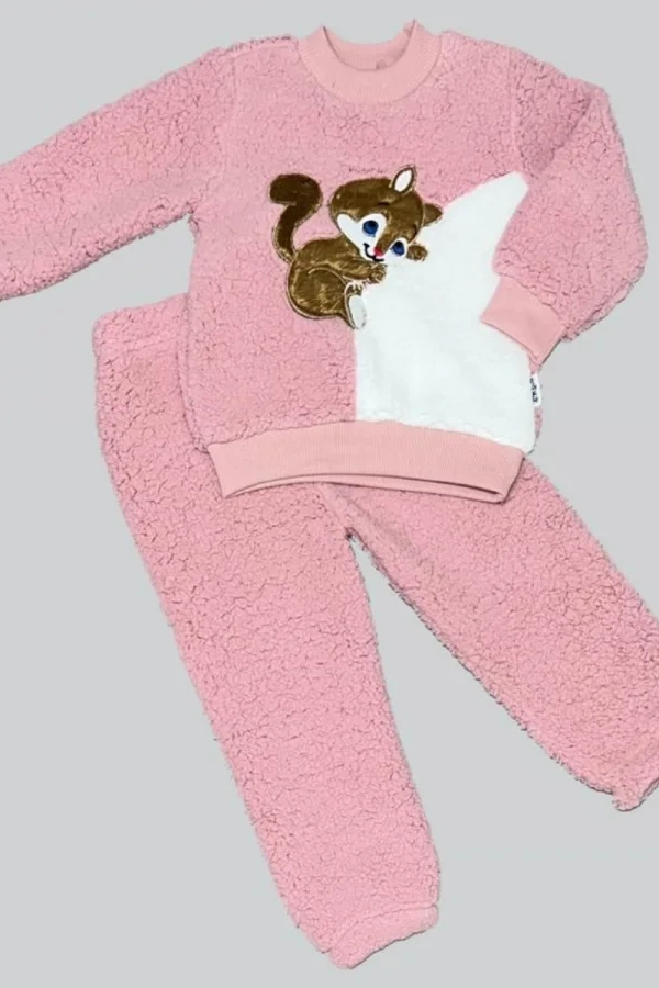1-2-3 Yaş Masum Yavru Sincap Nakışlı Kuzu Kumaş Sweat Pantolon 2li Kız Erkek Bebek Takımı