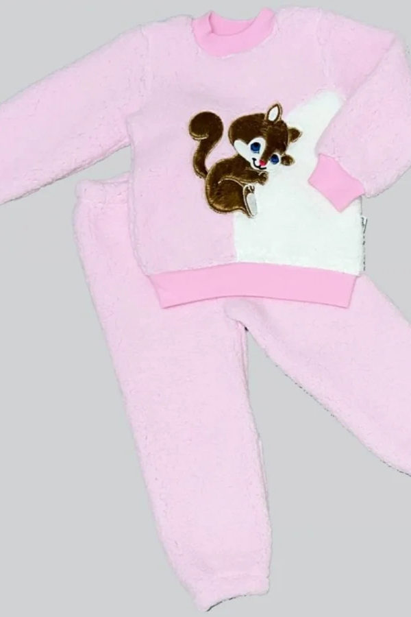 1-2-3 Yaş Masum Yavru Sincap Nakışlı Kuzu Kumaş Sweat Pantolon 2li Kız Erkek Bebek Takımı