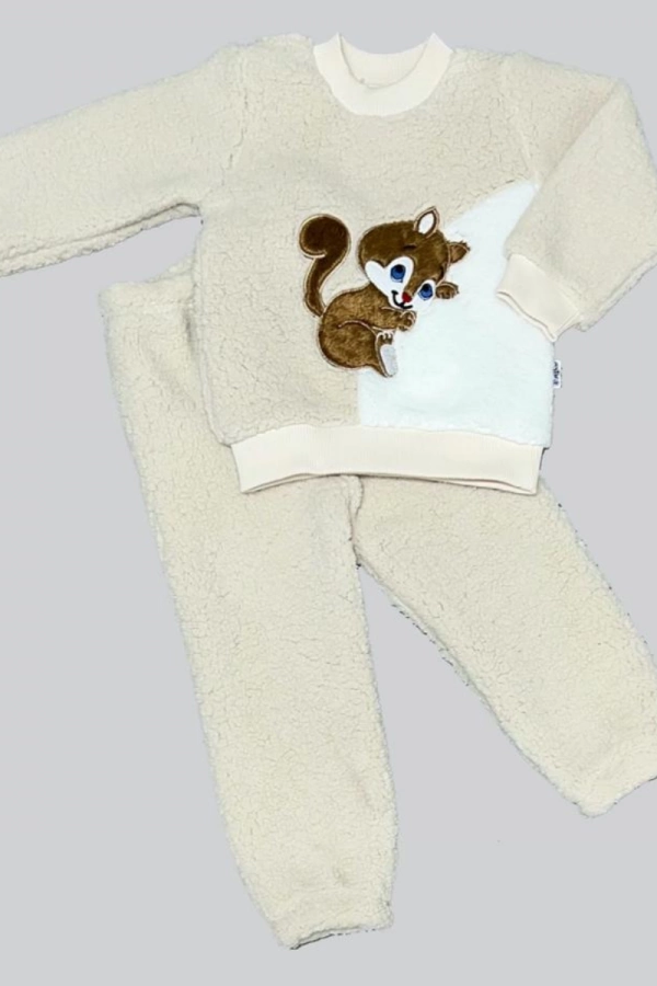 1-2-3 Yaş Masum Yavru Sincap Nakışlı Kuzu Kumaş Sweat Pantolon 2li Kız Erkek Bebek Takımı Bej