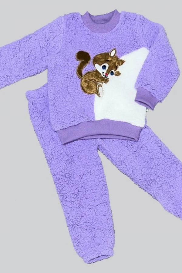 1-2-3 Yaş Masum Yavru Sincap Nakışlı Kuzu Kumaş Sweat Pantolon 2li Kız Erkek Bebek Takımı Lila