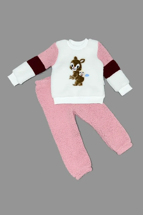 1-2-3 Yaş Oyuncu Sincap Nakışlı Kuzu Kumaş Sweat Pantolon Uzun Kollu Kız Erkek 2 Li Takımı