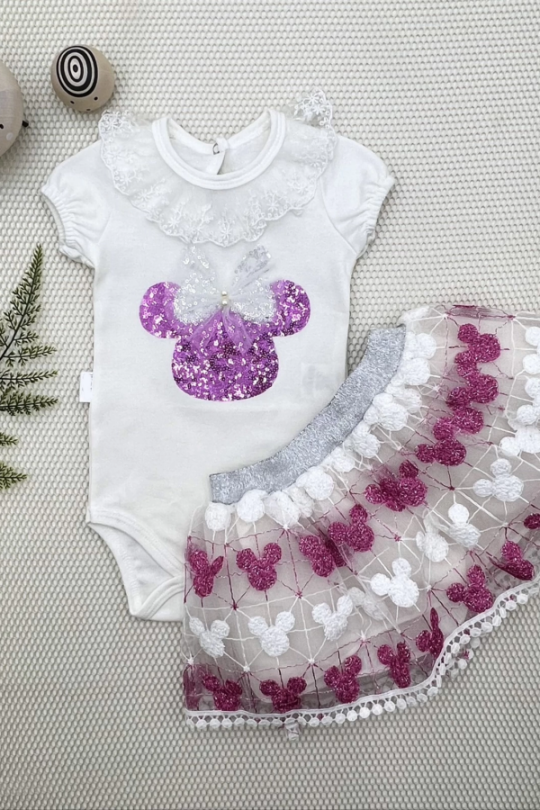 1-2-3 Yaş Payetli Mickey Nakışlı Kısa Kollu Brode Etekli 2li Kız Bebek Takımı Fuşya