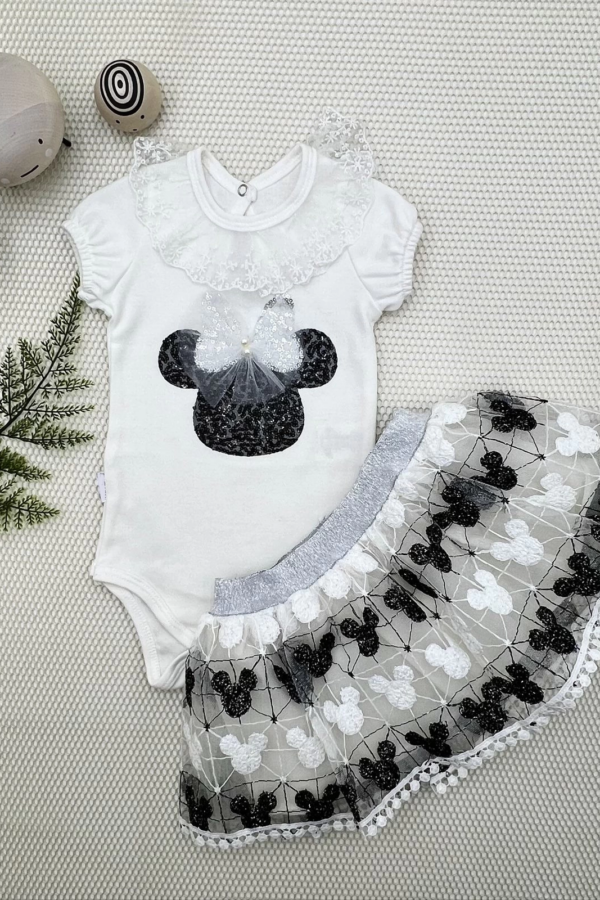 1-2-3 Yaş Payetli Mickey Nakışlı Kısa Kollu Brode Etekli 2li Kız Bebek Takımı Siyah
